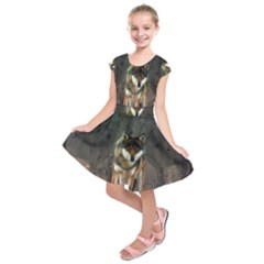 Awesome Wolf In The Night Kids  Short Sleeve Dress by FantasyWorld7