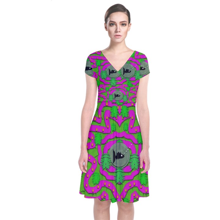 Vegetarian Art With Pasta And Fish Short Sleeve Front Wrap Dress