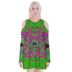 Vegetarian Art With Pasta And Fish Velvet Long Sleeve Shoulder Cutout Dress by pepitasart