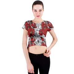 Hand Drawn Red Flowers Pattern Crew Neck Crop Top by TastefulDesigns