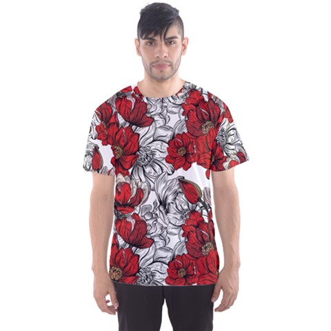 Hand Drawn Red Flowers Pattern Men s Sport Mesh Tee by TastefulDesigns