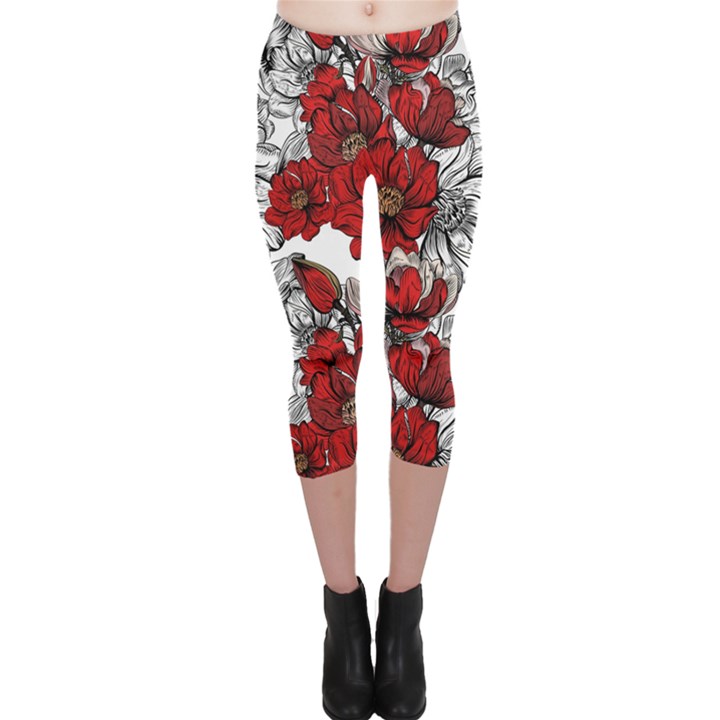 Hand Drawn Red Flowers Pattern Capri Leggings 