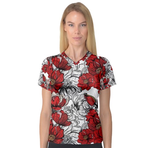 Hand Drawn Red Flowers Pattern Women s V-neck Sport Mesh Tee by TastefulDesigns