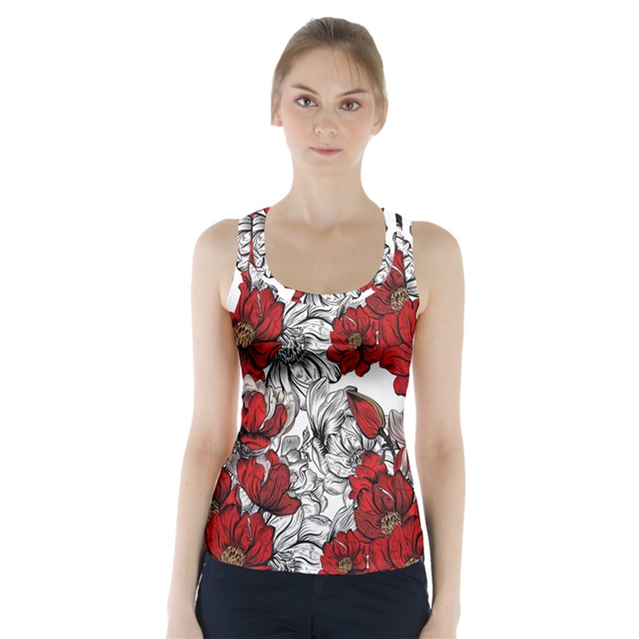 Hand Drawn Red Flowers Pattern Racer Back Sports Top