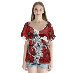 Hand Drawn Red Flowers Pattern Flutter Sleeve Top by TastefulDesigns