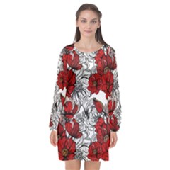 Hand Drawn Red Flowers Pattern Long Sleeve Chiffon Shift Dress  by TastefulDesigns