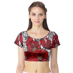 Red Flowers Pattern Short Sleeve Crop Top (tight Fit) by TastefulDesigns