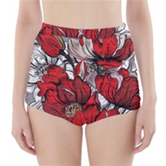 Red Flowers Pattern High-waisted Bikini Bottoms by TastefulDesigns