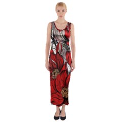 Red Flowers Pattern Fitted Maxi Dress by TastefulDesigns