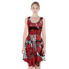 Red Flowers Pattern Racerback Midi Dress