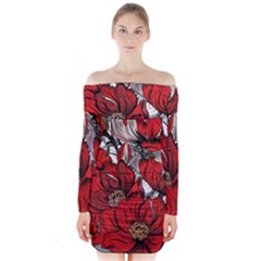 Red Flowers Pattern Long Sleeve Off Shoulder Dress by TastefulDesigns