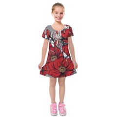 Red Flowers Pattern Kids  Short Sleeve Velvet Dress by TastefulDesigns