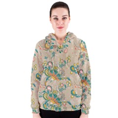 Hand Drawn Batik Floral Pattern Women s Zipper Hoodie by TastefulDesigns