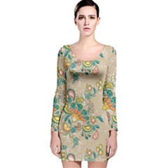 Hand drawn batik floral pattern Long Sleeve Velvet Bodycon Dress