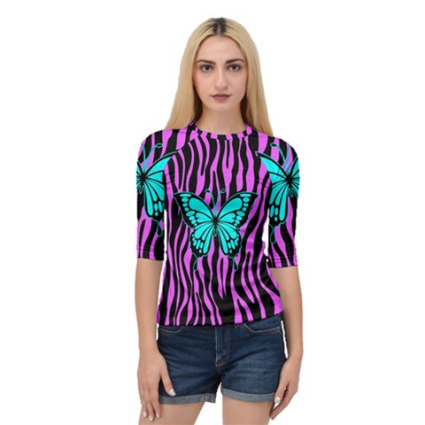 Zebra Stripes Black Pink   Butterfly Turquoise Quarter Sleeve Tee by EDDArt