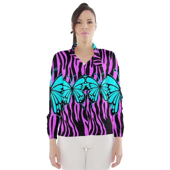 Zebra Stripes Black Pink   Butterfly Turquoise Wind Breaker (Women)