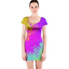 Grunge Radial Gradients Red Yellow Pink Cyan Green Short Sleeve Bodycon Dress by EDDArt