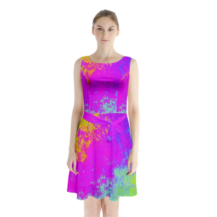 Grunge Radial Gradients Red Yellow Pink Cyan Green Sleeveless Chiffon Waist Tie Dress