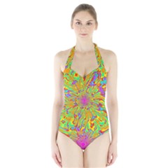 Magic Ripples Flower Power Mandala Neon Colored Halter Swimsuit by EDDArt