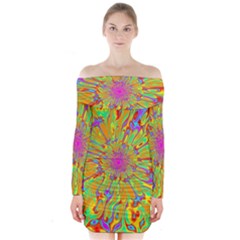 Magic Ripples Flower Power Mandala Neon Colored Long Sleeve Off Shoulder Dress by EDDArt