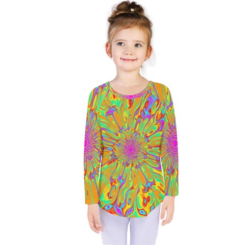 Magic Ripples Flower Power Mandala Neon Colored Kids  Long Sleeve Tee by EDDArt