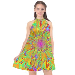 Magic Ripples Flower Power Mandala Neon Colored Halter Neckline Chiffon Dress  by EDDArt