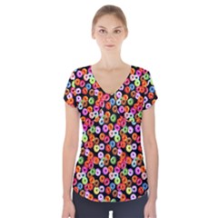 Colorful Yummy Donuts Pattern Short Sleeve Front Detail Top by EDDArt