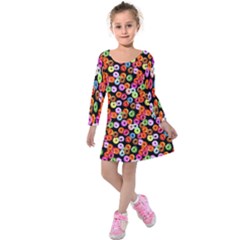 Colorful Yummy Donuts Pattern Kids  Long Sleeve Velvet Dress by EDDArt