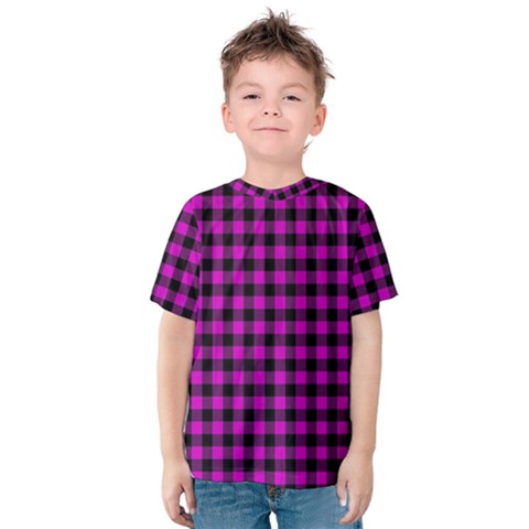 Lumberjack Fabric Pattern Pink Black Kids  Cotton Tee by EDDArt