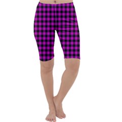 Lumberjack Fabric Pattern Pink Black Cropped Leggings  by EDDArt