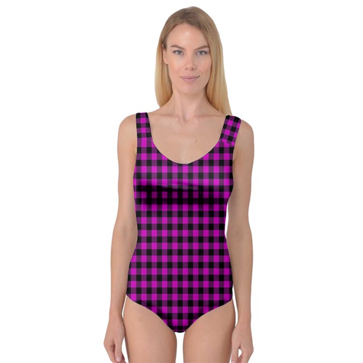 Lumberjack Fabric Pattern Pink Black Princess Tank Leotard 