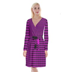 Lumberjack Fabric Pattern Pink Black Long Sleeve Velvet Front Wrap Dress by EDDArt