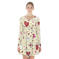 Valentinstag Love Hearts Pattern Red Yellow Long Sleeve Velvet V-neck Dress by EDDArt