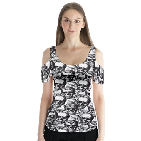 Skulls Pattern  Butterfly Sleeve Cutout Tee  by Valentinaart