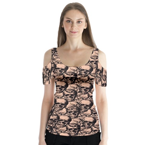 Skulls Pattern  Butterfly Sleeve Cutout Tee  by Valentinaart