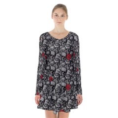 Skulls And Roses Pattern  Long Sleeve Velvet V-neck Dress by Valentinaart