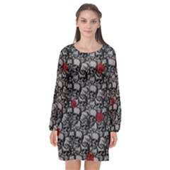 Skulls And Roses Pattern  Long Sleeve Chiffon Shift Dress 