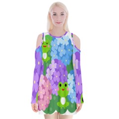 Animals Frog Face Mask Green Flower Floral Star Leaf Music Velvet Long Sleeve Shoulder Cutout Dress by Mariart