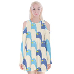 Animals Penguin Ice Blue White Cool Bird Velvet Long Sleeve Shoulder Cutout Dress by Mariart