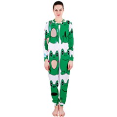 Animals Frog Green Face Mask Smile Cry Cute Onepiece Jumpsuit (ladies)  by Mariart