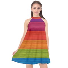 Wooden Plate Color Purple Red Orange Green Blue Halter Neckline Chiffon Dress 