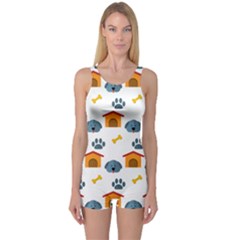 Bone House Face Dog One Piece Boyleg Swimsuit by Mariart