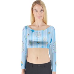 Animals Whale Sunflower Ship Flower Floral Sea Beach Blue Fish Long Sleeve Crop Top by Mariart