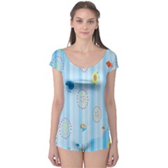 Animals Whale Sunflower Ship Flower Floral Sea Beach Blue Fish Boyleg Leotard  by Mariart