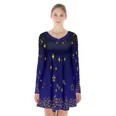 Blue Star Space Galaxy Light Night Long Sleeve Velvet V-neck Dress by Mariart