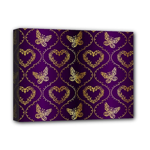 Flower Butterfly Gold Purple Heart Love Deluxe Canvas 16  X 12   by Mariart