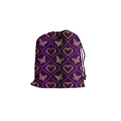 Flower Butterfly Gold Purple Heart Love Drawstring Pouches (small)  by Mariart