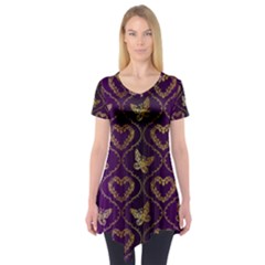 Flower Butterfly Gold Purple Heart Love Short Sleeve Tunic  by Mariart