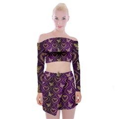 Flower Butterfly Gold Purple Heart Love Off Shoulder Top With Skirt Set by Mariart