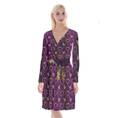 Flower Butterfly Gold Purple Heart Love Long Sleeve Velvet Front Wrap Dress